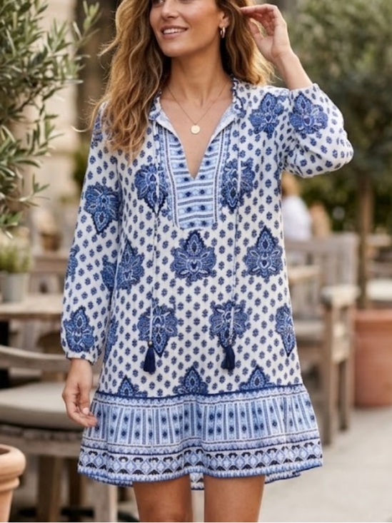 Zara Dresses & Skirts - Zara White Tunic with Blue Floral Motif